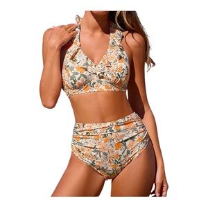CUPSHE Tummy Control High Waisted Halter VNeck Floral Ruffled Trim Ruched
